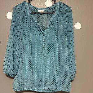 Liz Claiborne Teal Blouse with Black Dots